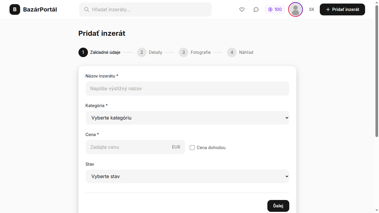 Formulár na pridanie inzerátu - Krok 1