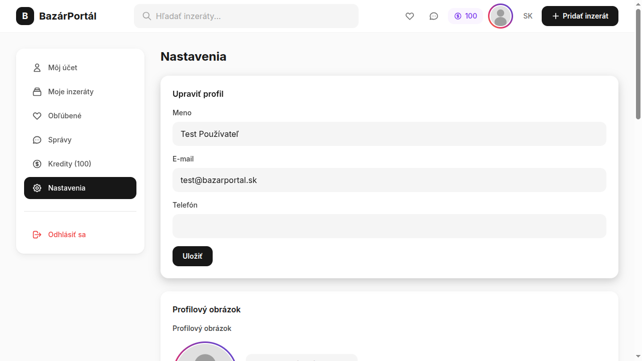 Stránka nastavení profilu